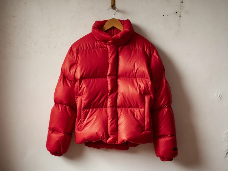 Illustration: Rote gefütterte Kinderjacke an einem Holzhaken vor heller Putzwand