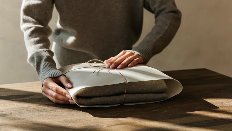 Illustration: Hände verpacken ein gefaltetes Strickstück in schlichtes Seidenpapier mit Naturkordel